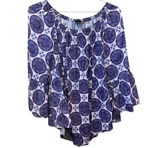 New Directions Curvy Womens 2X Blue Purple Medallion Boho Off Shoulder Bell Top